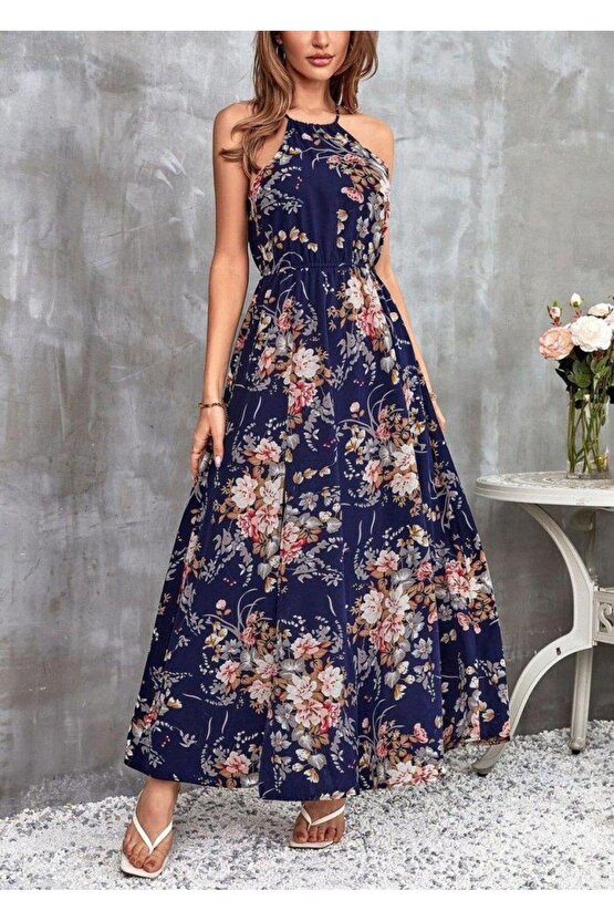 Kadın Açık Omuz Halter Yaka Beli Lastikli Büzgü Detay önden Yırtmaçlı çiçek Desenli Süprem Elbise
