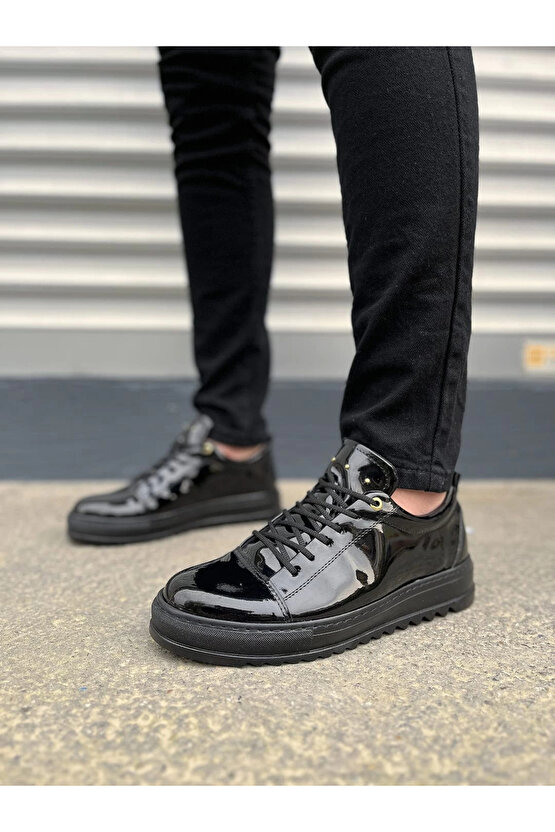 JY152 Cool Bağcıklı Rugan Erkek Günlük Spor Klasik Ayakkabı RST - Siyah