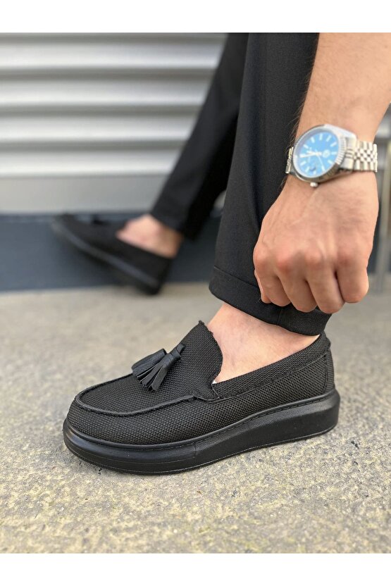 JY154 Blaze Bağcıksız Püsküllü Keten Erkek Günlük Spor Klasik Ayakkabı KST - Siyah