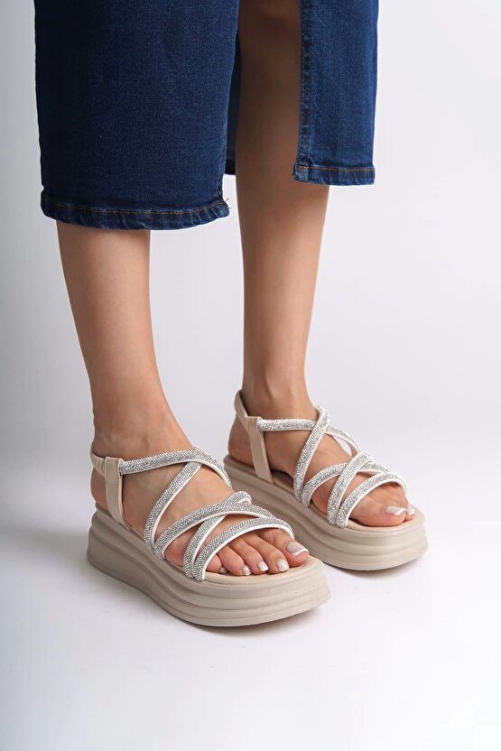 ELENA Lastikli Taşlı Şeritli Ortopedik Taban Kadın Sandalet CKT - Krem