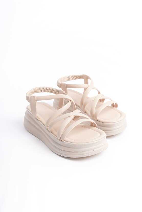 BELLA Lastikli Şerit Detaylı Ortopedik Taban Kadın Sandalet CKT - Krem