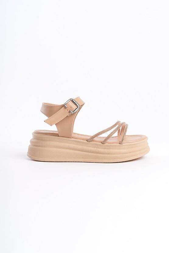 EVA Kalın Tokalı Taşlı Şeritli Ortopedik Taban Kadın Sandalet CTT - Ten