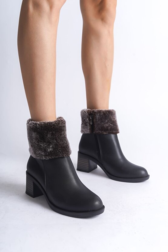 KATYA Fermuarlı Ortopedik Taban Topuklu Kürk DetaylıKadın Bot CST - Siyah