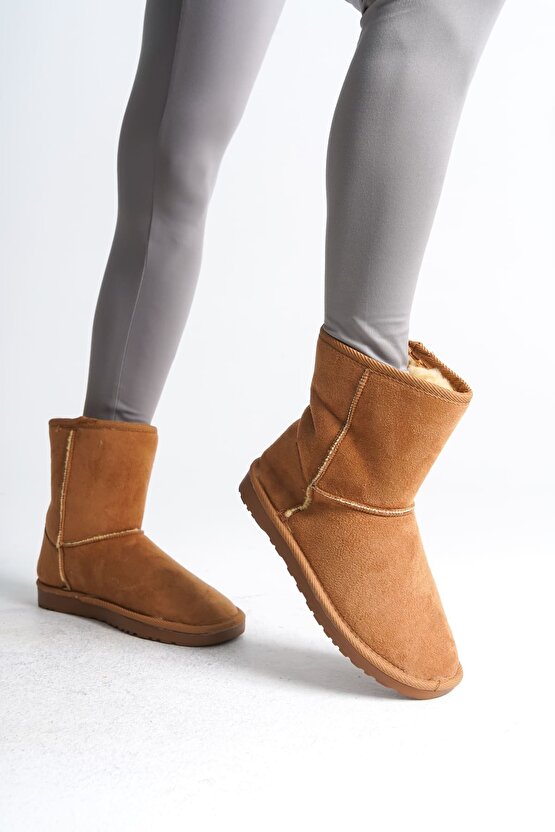 SELINA Bağcıksız Düz Taban İçi Kürklü Süet Kadın Bot - Taba