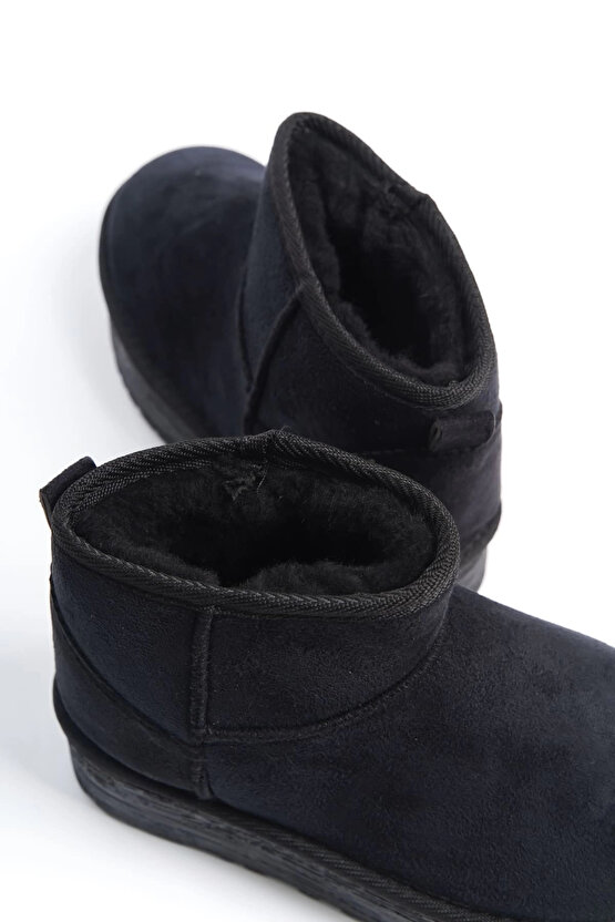 AMELIA Bağcıksız Düz ve Kalın Taban İçi Kürklü Kısa Süet Kadın Bot SST - Siyah
