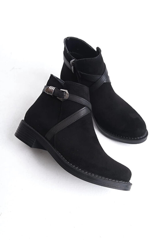 ALMILA Fermuarlı Lastikli Ortopedik Taban Topuklu Süet Kadın Bot SST - Siyah