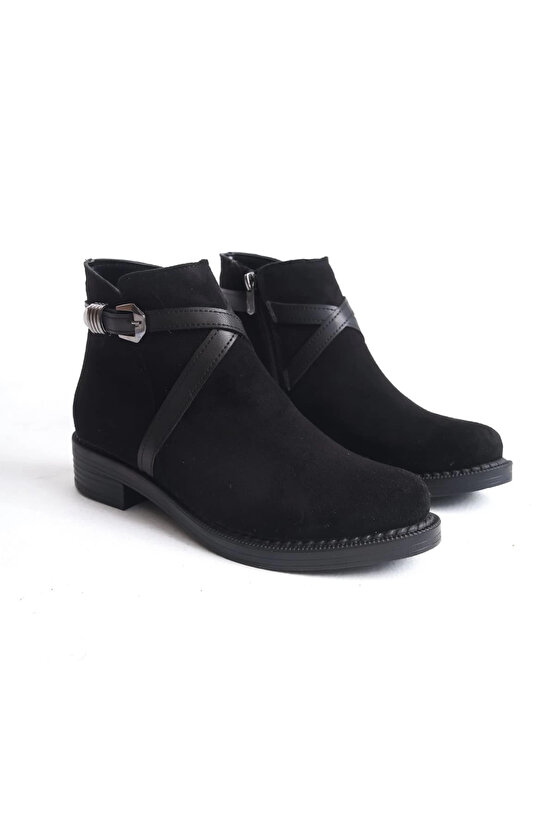 ALMILA Fermuarlı Lastikli Ortopedik Taban Topuklu Süet Kadın Bot SST - Siyah
