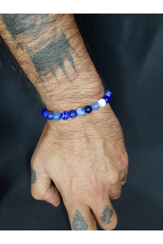 Mavi Beyaz Mix Akik Taşı Doğal Taş Bileklik Unisex