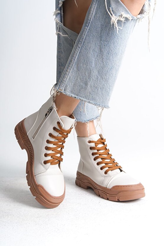 BLOOM Bağcıklı Fermuarlı Ortopedik Taban Kadın Bot CTT - Krem