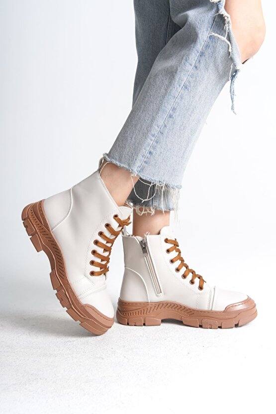 BLOOM Bağcıklı Fermuarlı Ortopedik Taban Kadın Bot CTT - Krem