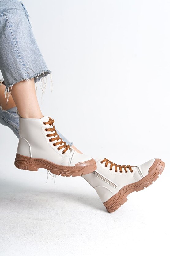 BLOOM Bağcıklı Fermuarlı Ortopedik Taban Kadın Bot CTT - Krem