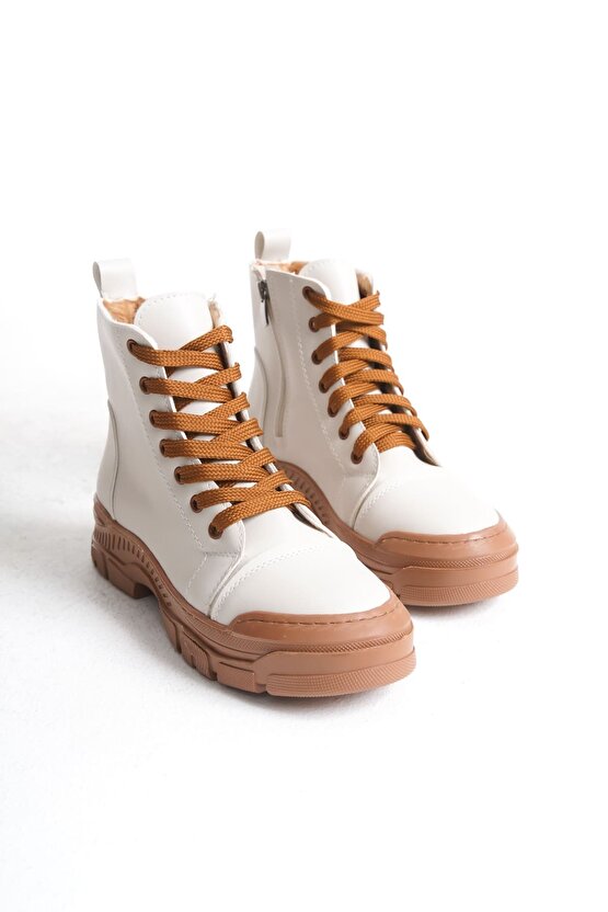 BLOOM Bağcıklı Fermuarlı Ortopedik Taban Kadın Bot CTT - Krem