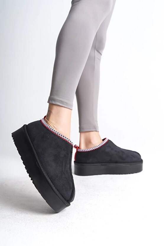 LEILA Bağcıksız Düz ve Kalın Taban İçi Kürklü Kısa Süet Kadın Bot SST - Siyah