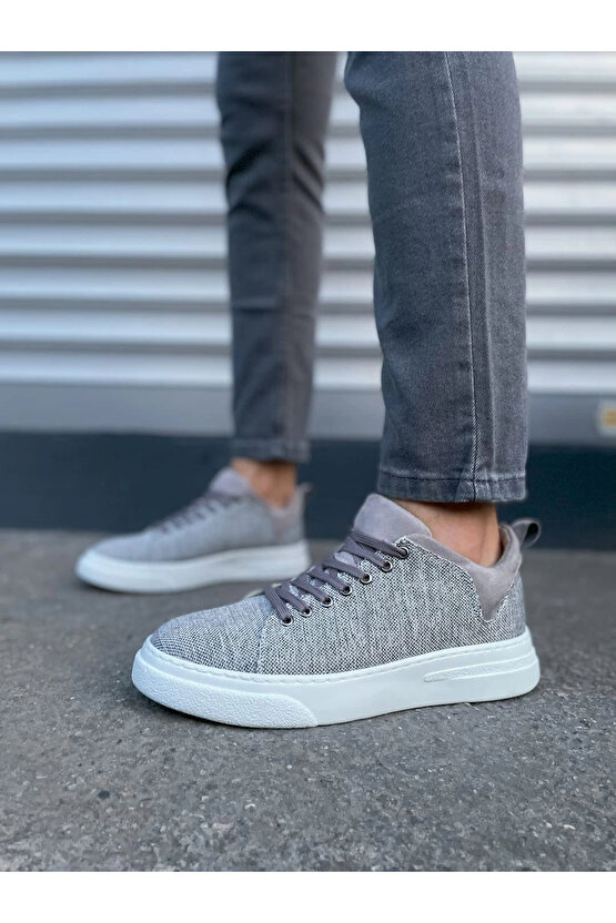 JY204 Flex Bağcıklı Keten Kumaş Erkek Günlük Sneaker Ayakkabı KBT - Gri
