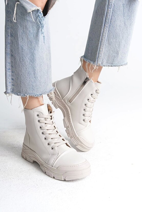 BLOOM Bağcıklı Fermuarlı Ortopedik TabanKadın Bot KT - Krem