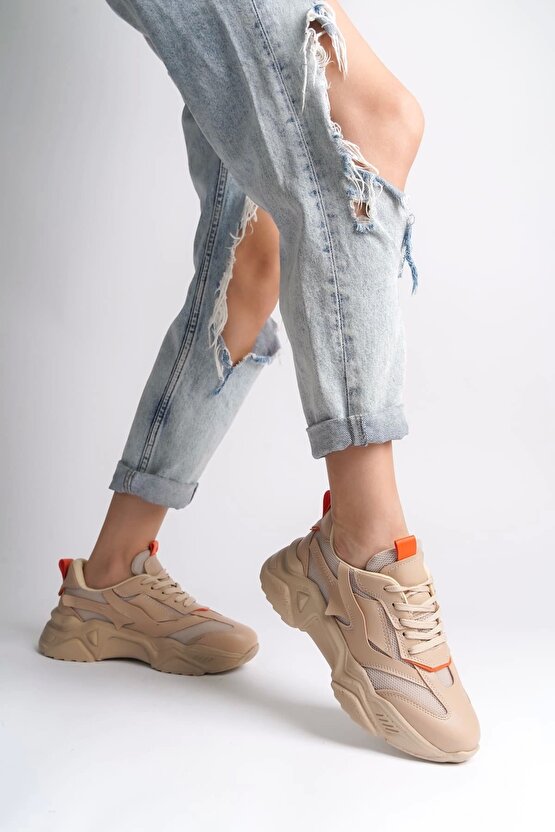 TOKYO Bağcıklı Ortopedik Taban Triko Detaylı Kadın Spor Ayakkabı TTT - TenTuruncu