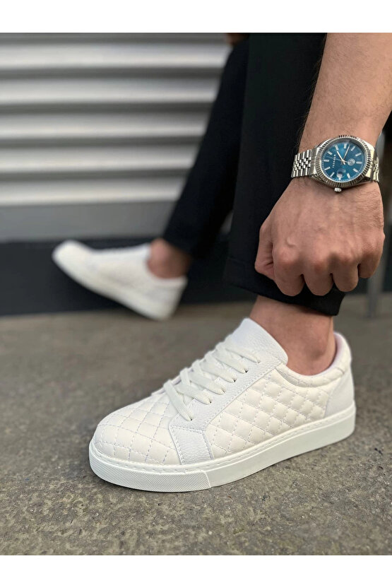 JY166 Prestige Bağcıklı Cilt Kapitone Desenli Erkek Günlük Sneaker Ayakkabı CBT - Beyaz