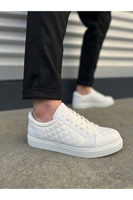 JY166 Prestige Bağcıklı Cilt Kapitone Desenli Erkek Günlük Sneaker Ayakkabı CBT - Beyaz