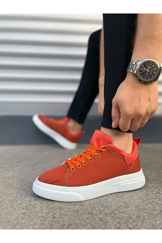 JY204 Flex Bağcıklı Keten Kumaş Erkek Günlük Sneaker Ayakkabı KBT - Turuncu
