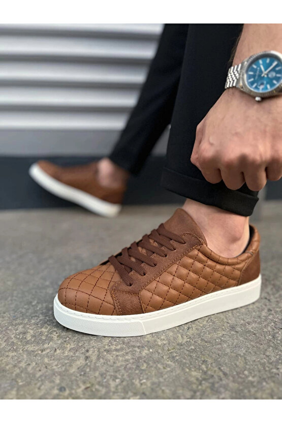 JY166 Prestige Bağcıklı Cilt Kapitone Desenli Erkek Günlük Sneaker Ayakkabı CBT - Taba