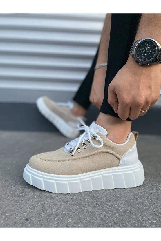 JY010 Cloud Bağcıklı Süet Erkek Günlük Sneaker Ayakkabı SBT - KremBeyaz