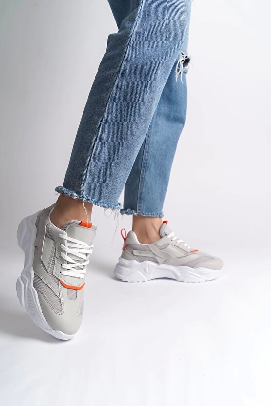 TOKYO Bağcıklı Ortopedik Taban Triko Detaylı Kadın Spor Ayakkabı TBT - GriTuruncu