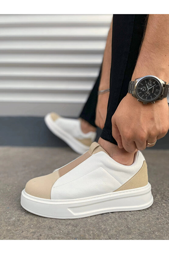JY007 Alba Bağcıksız Süet Cilt Erkek Günlük Sneaker Ayakkabı SCBT BejBeyaz