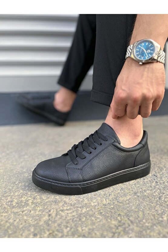 JY165 Elite Bağcıklı Cilt Erkek Günlük Sneaker Ayakkabı CST - Siyah