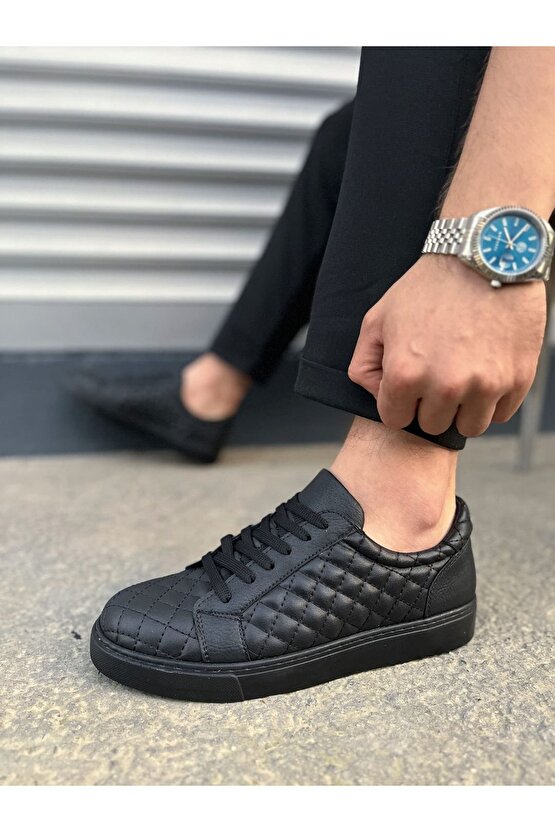 JY166 Prestige Bağcıklı Cilt Kapitone Desenli Erkek Günlük Sneaker Ayakkabı CST - Siyah