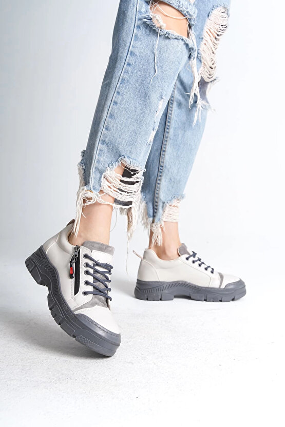 AGATHA Bağcıklı Fermuarlı Ortopedik Taban Kadın Sneaker Spor Ayakkabı CGT - Krem