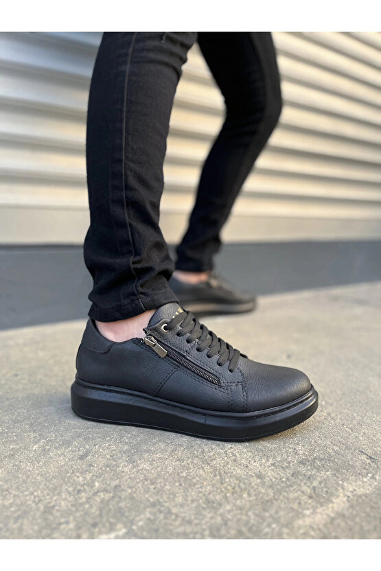 JY155 Warrior Bağcıklı ve Fermuarlı Cilt Erkek Günlük Sneaker Ayakkabı CST - Siyah