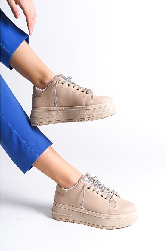 DELLA Bağcıklı Ortopedik Taban Taşlı Kadın Sneaker Spor Ayakkabı CTT - Ten