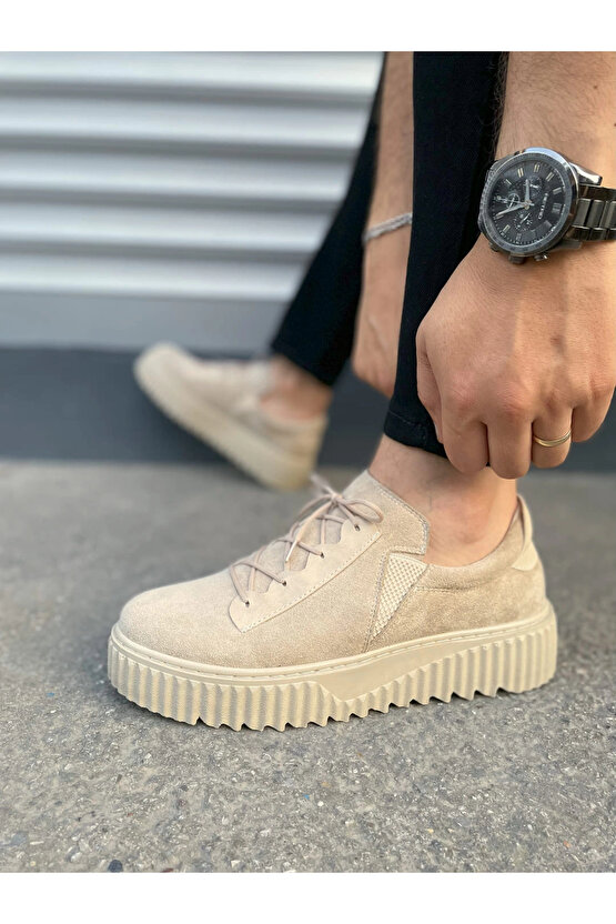 JY502 Bold Bağcıklı Süet Erkek Günlük Sneaker Ayakkabı SKT - Krem