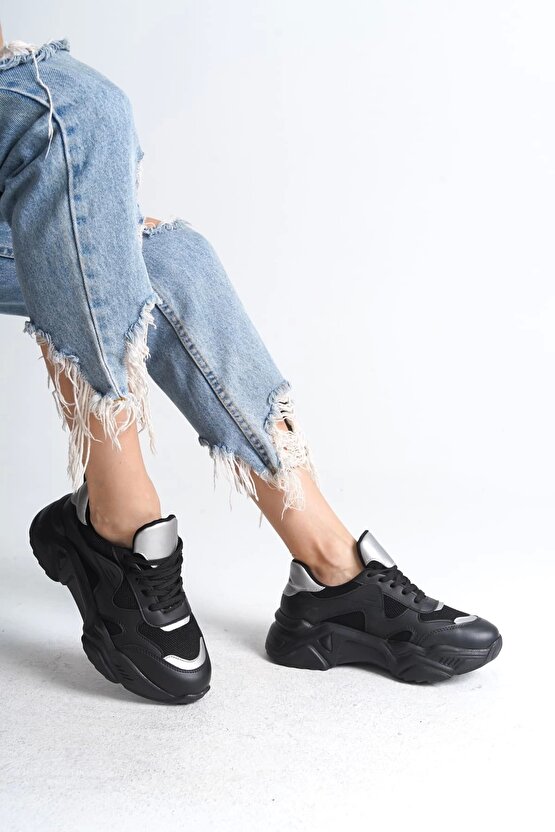 TOKYO Bağcıklı Ortopedik Taban Triko Detaylı Kadın Spor Ayakkabı TST - SiyahGri