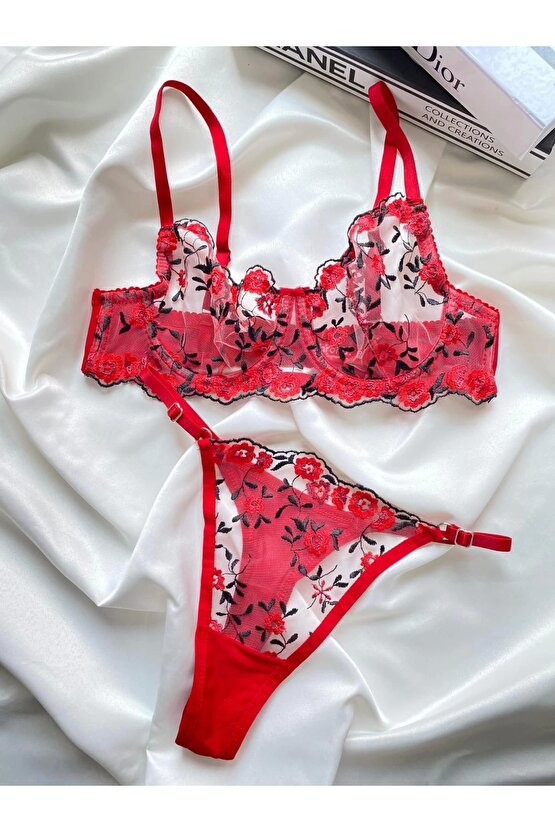 brode dantel kırmızı gul nakış