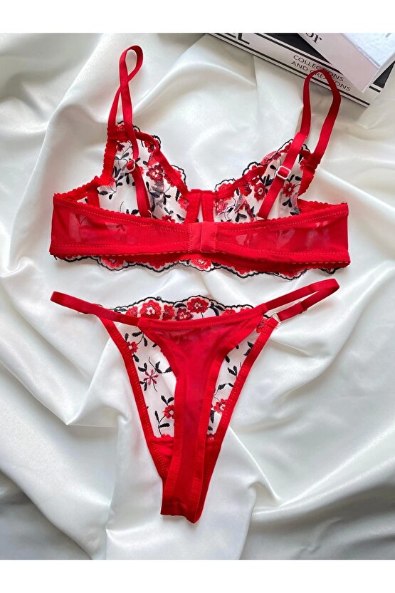 brode dantel kırmızı gul nakış