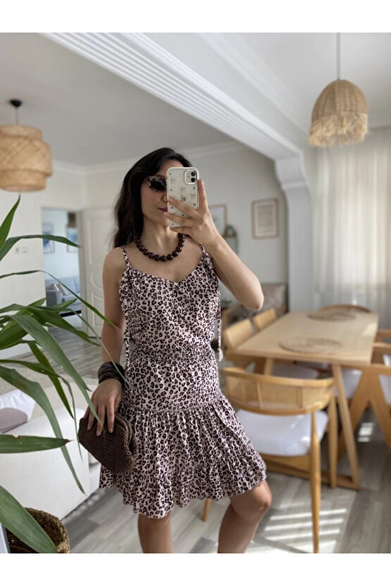 MDB Kadın Askılı V Yaka Beli Pileli Leopar Desen Eteği Fırfırlı Süprem Elbise