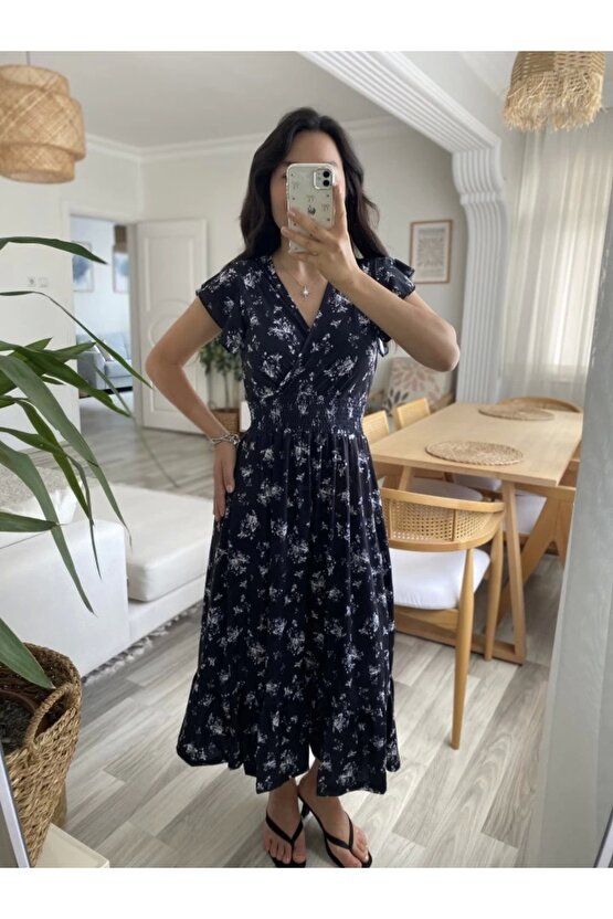 Kadın Kısa Kollu Kruvaze Yakalı Beli Lastikli çiçek Desenli Elbise