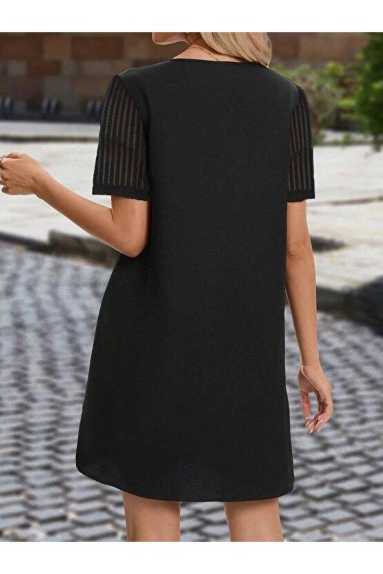 Kadın Kısa Kollu V Yakalı Kısa Janjan Krep Elbise