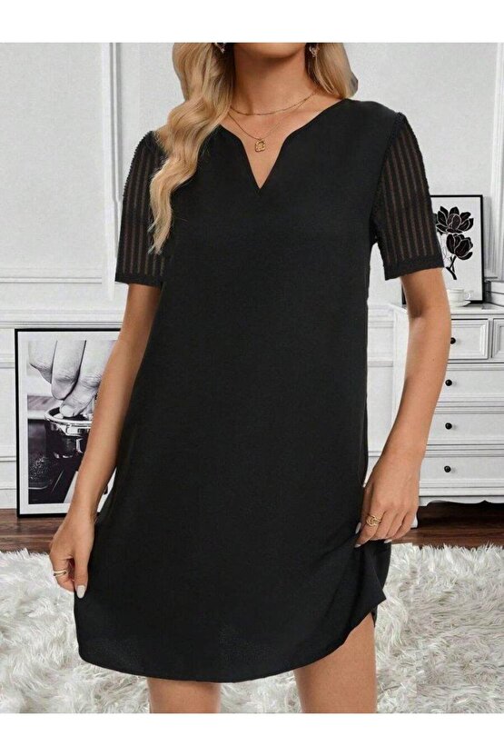 Kadın Kısa Kollu V Yakalı Kısa Janjan Krep Elbise