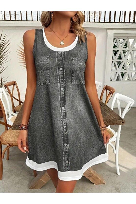 Kadın Askılı Yuvarlak Yakalı Kot Görünümlü Kısa Süprem Elbise