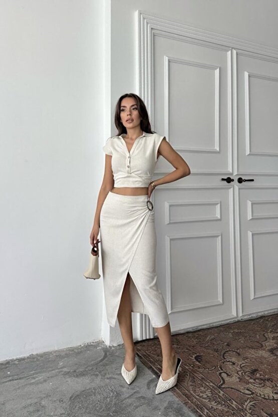 EQURİ Bej Keten Gömlek Ve Etek Takım