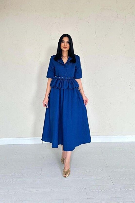 Lacivert İnce Kemerli Fırfırlı Ceket Ve Büzgülü Etek Takım