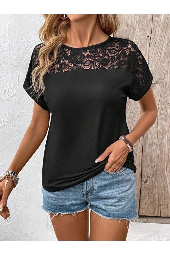 Kadın Kısa Kollu Bisiklet Yaka Dantel Detaylı Viskon Bluz