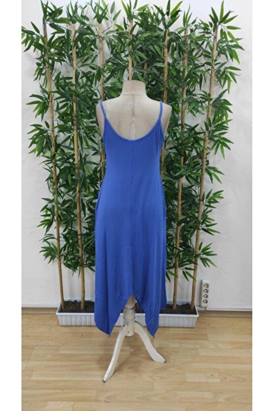 Kadın Askılı V Yakalı Cep Detaylı Asimetrik Kesim Viskon Elbise