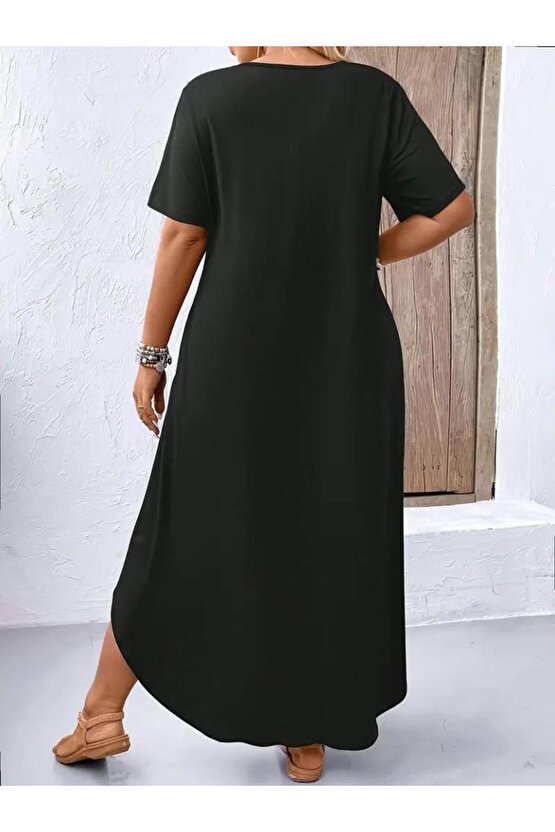 Kadın Kısa Kollu Bisiklet Yaka Cepli Salaş Viskon Elbise