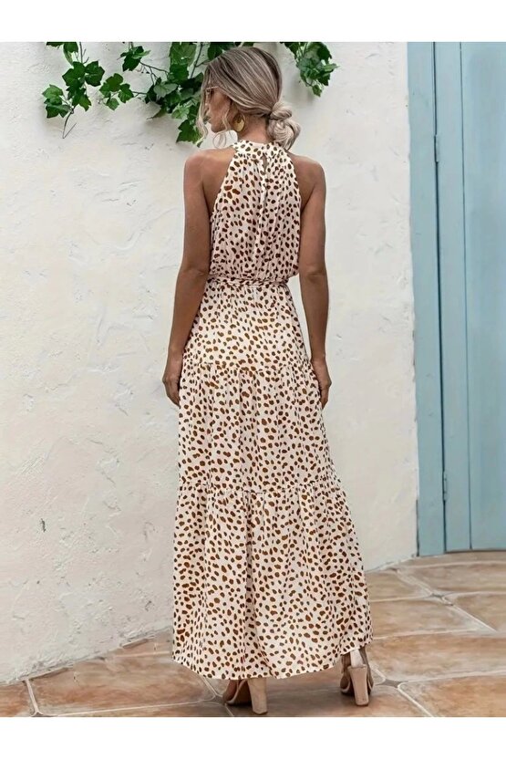 Kadın Daire Yakalı Beli Lastikli Desenli Süprem Elbise