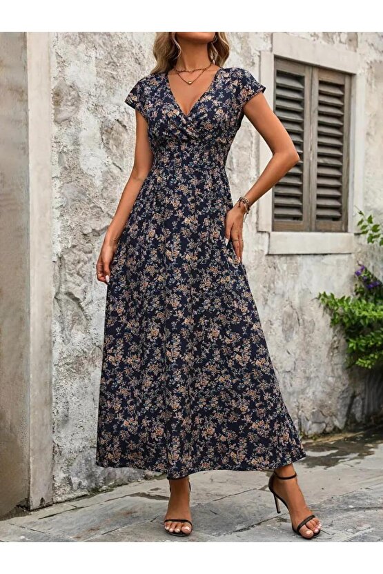 Kadın Kısa Kollu Kruvaze Yakalı çiçek Desenli Belden Lastikli Süprem Uzun Elbise