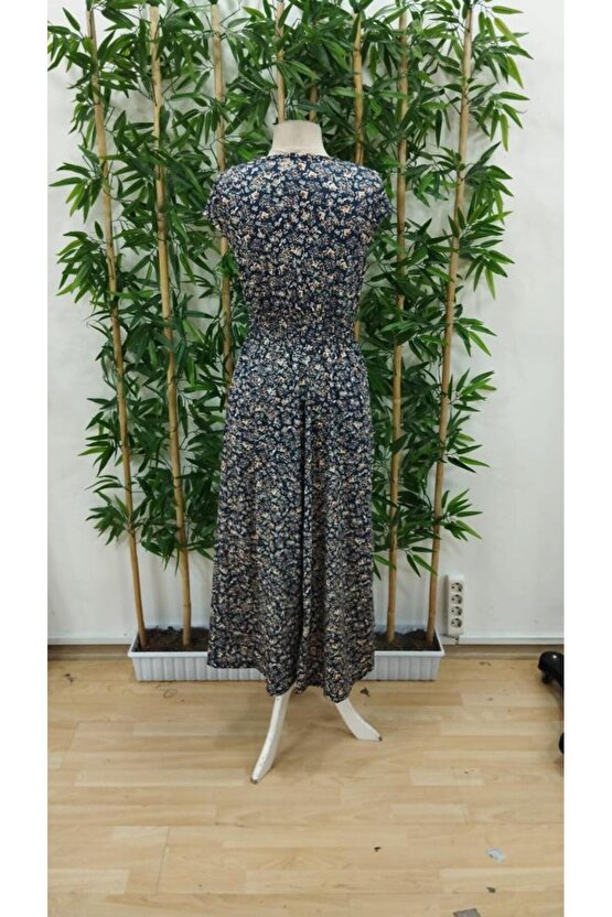 Kadın Kısa Kollu Kruvaze Yakalı çiçek Desenli Belden Lastikli Süprem Uzun Elbise