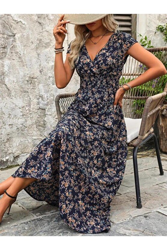 Kadın Kısa Kollu Kruvaze Yakalı çiçek Desenli Belden Lastikli Süprem Uzun Elbise